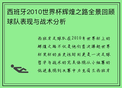 西班牙2010世界杯辉煌之路全景回顾球队表现与战术分析
